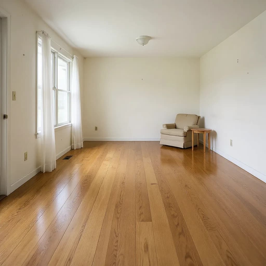 A living room finished in wide-plank hardwood, visualized from the homeowner's own photo.