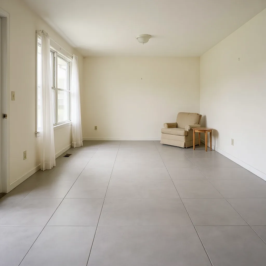 A living room finished in large-format tile, visualized from the homeowner's own photo.