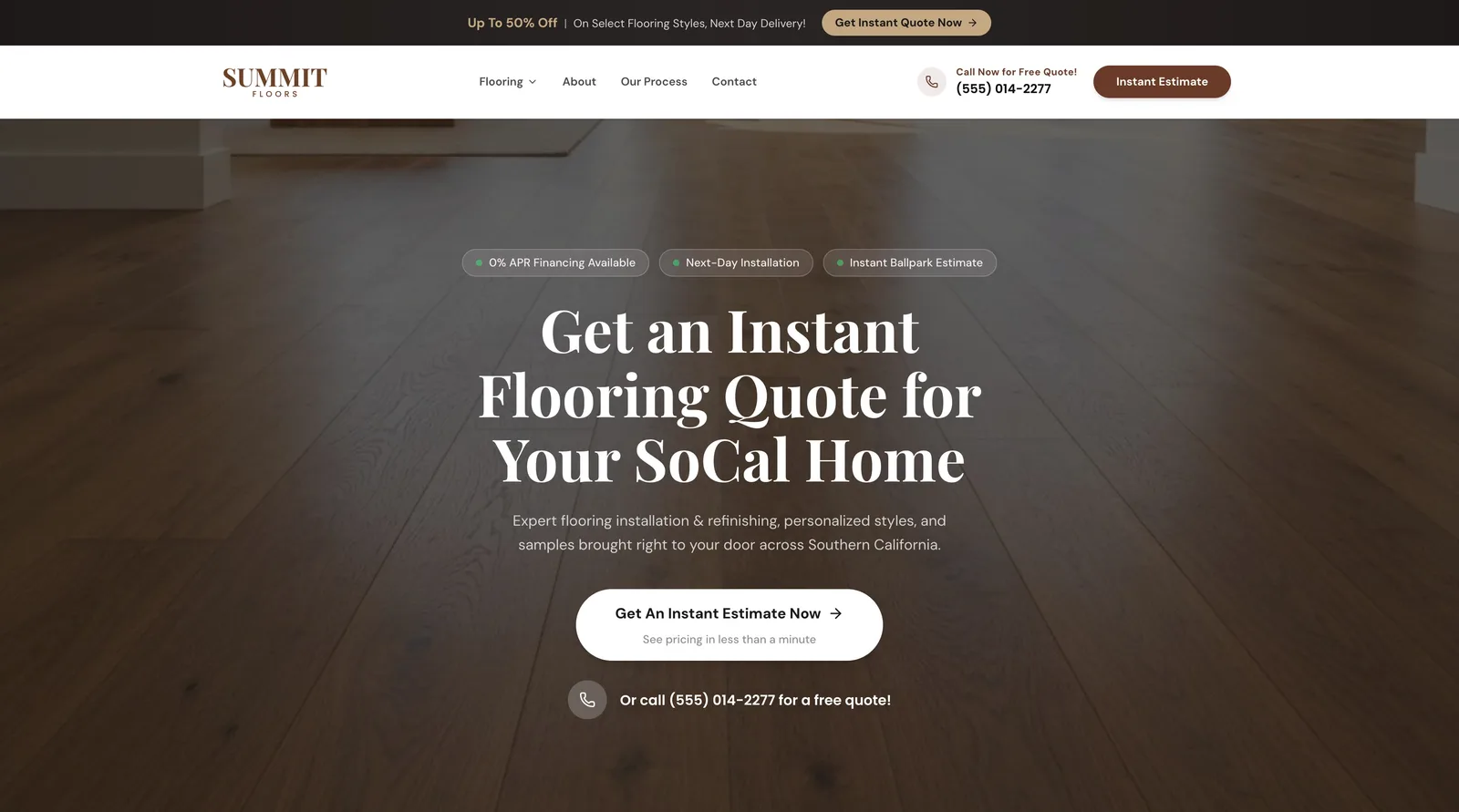 Homepage of the included flooring website: an offer bar, navigation with an instant estimate button, and a hardwood hero with financing, next-day install and instant ballpark callouts.